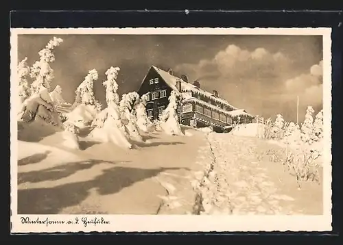AK Heufuderbaude von A. Kober im Isergebirge im Schnee