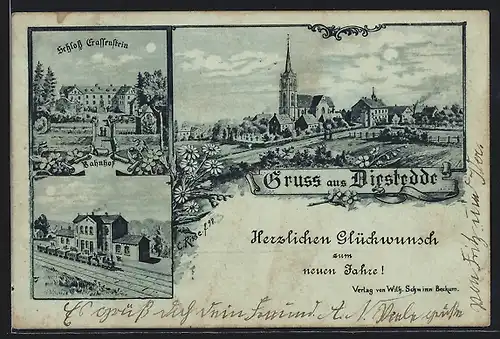 Mondschein-Lithographie Diestedde, Ortspartie mit Kirche, Schloss Crassenstein, Bahnhof