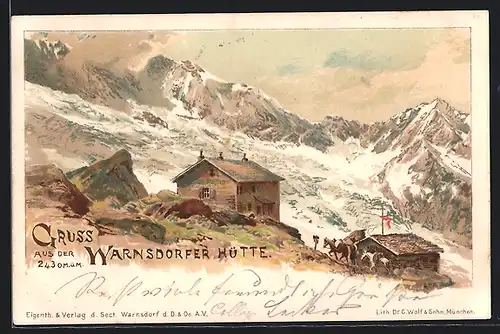 Lithographie Warnsdorfer Hütte, Berghütte mit Gebirgspanorama