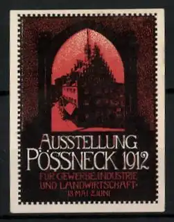 Reklamemarke Pössneck, Ausstellung f. Gewerbe, Industrie und Landwirtschaft 1912, Gebäude