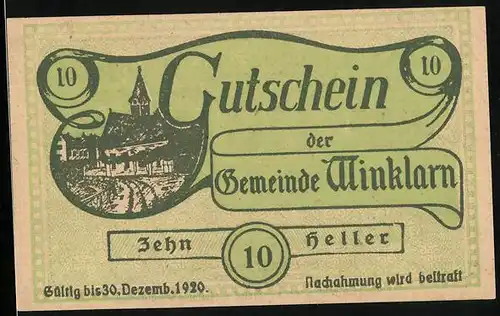 Notgeld Winklarn 1920, 10 Heller, Ortsansicht mit Kirche