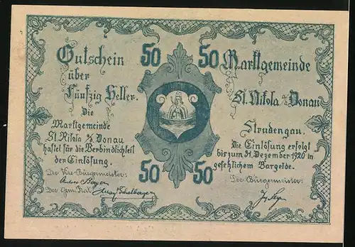 Notgeld St. Nikola a. d. Donau 1920, 50 Heller, Ortsansicht und Wappen
