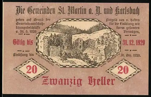 Notgeld St. Martin a. D. und Karlsbach 1920, 20 Heller, Ortspanorama und Ruinen