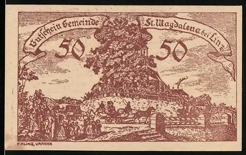 Notgeld St. Magdalena bei Linz, 50 Heller, Ortsansicht mit Pferdekutsche