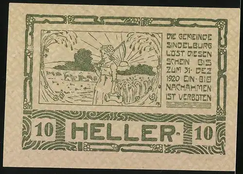 Notgeld Sindelburg 1920, 10 Heller, Ortspanorama, Junge Frau auf dem Feld