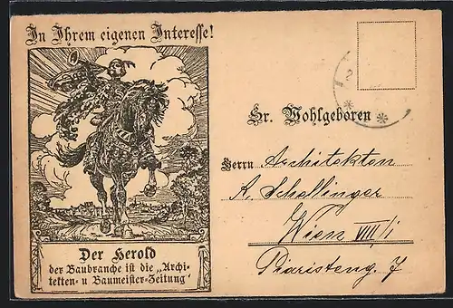 Künstler-AK Herold mit Trompete auf Pferd, Architekten- u. Baumeister-Zeitung