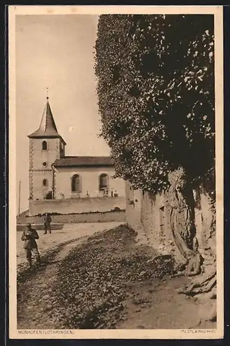 AK Monhofen /Lothringen, Ortspartie mit Kirche