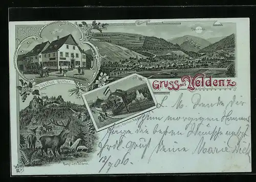 Mondschein-Lithographie Veldenz, Gasthof Bottler, Garten-Restaurant Bottler, Burgruine