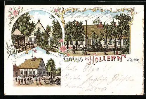 Lithographie Hollern bei Stade, Gasthaus Concordia und weitere Gebäude, Storchennest