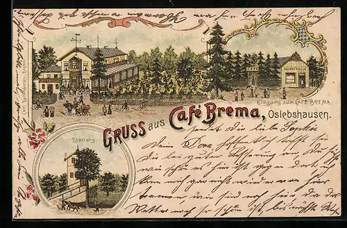 Lithographie Oslebshausen, Café Brema, Gäste am Eingang, Stallungen