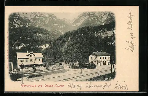 AK Sulzau, Restaurant und Bahnhof gegen die Berge