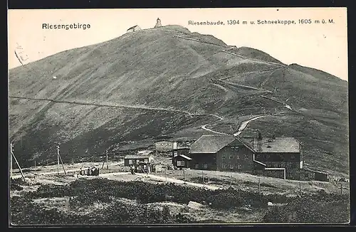 AK Riesenbaude, Ansicht mit Umgebung und Schneekoppe