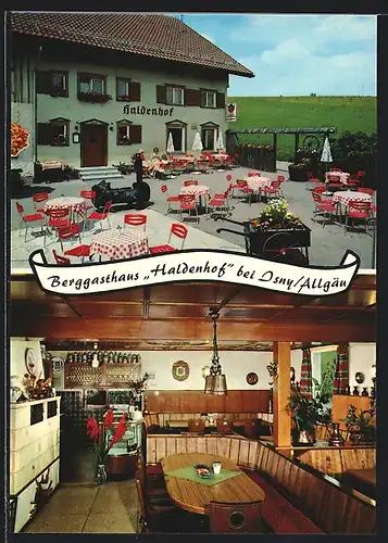 AK Isny /Allgäu, Das Berggasthaus Haldenhof mit Terrasse und urigem Speisesaal