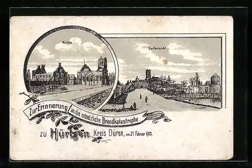 Lithographie Hürtgen b. Düren, Dorfansicht, Kirche, Zur Erinnerung an die Brandkatastrophe