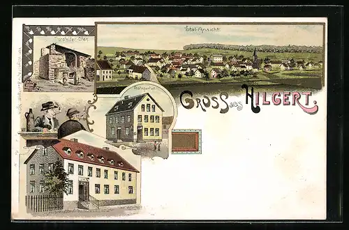 Lithographie Hilgert / Kannenbäckerland, Gastwirtschaft, Tonpfeifen-Ofen, Postagentur