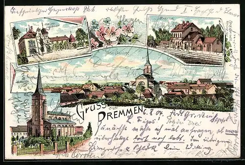 Lithographie Dremmen, Bahnhof, Schloss Hüllhoven, Kath. Kirche