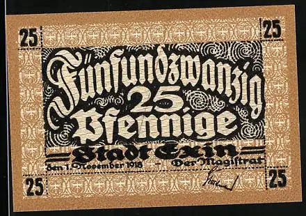 Notgeld Exin 1918, 25 Pfennig, Teilansicht mit Kirche, Wappen