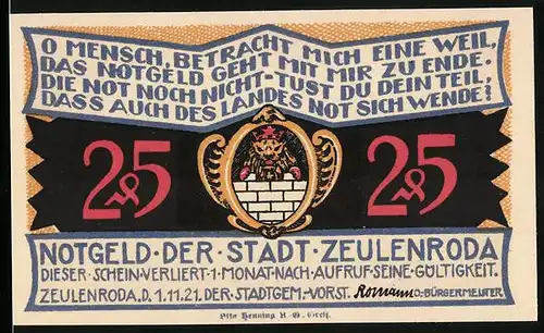 Notgeld Zeulenroda 1921, 25 Pfennig, Strassenpartie mit einer Kirche