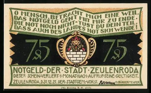 Notgeld Zeulenroda 1921, 75 Pfennig, Gildenkämpfe 1792