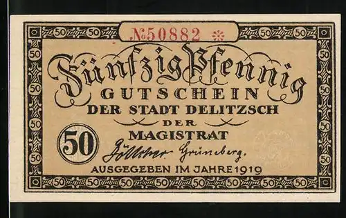 Notgeld Delitzsch 1919, 50 Pfennig, Ansicht der Stadt anno 1650