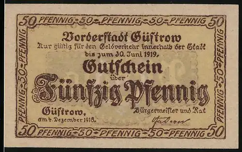 Notgeld Güstrow 1918, 50 Pfennig, von der Carl Michael`schen Hof- und Ratsbuchdruckerei
