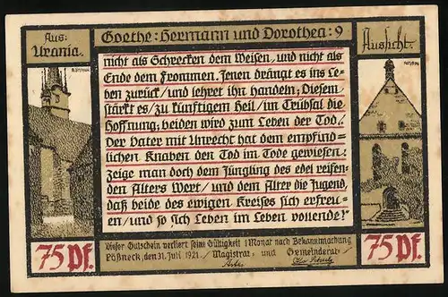 Notgeld Pössneck 1921, 75 Pfennig, Auszug aus Goethe`s Hermann und Dorothea: 9