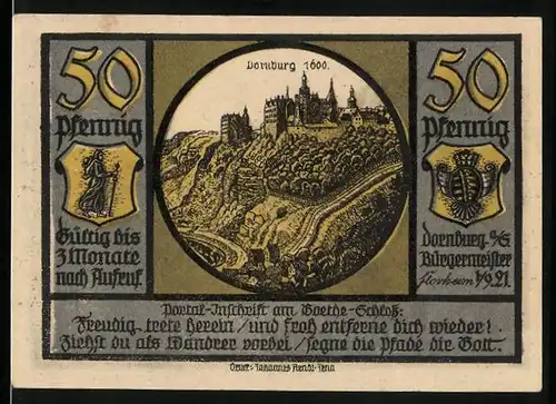 Notgeld Dornburg a. S. 1921, 50 Pfennig, Die Dornburg um 1600