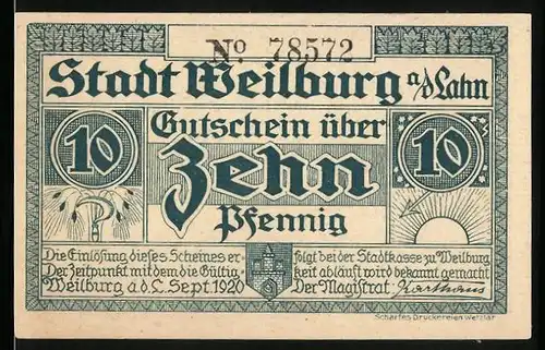 Notgeld Weilburg 1920, 10 Pfennig, Landwirtschaftsschule, Wetterdienststelle, Bauer