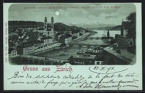 Mondschein-Lithographie Zürich, Grossmünster u. Limmat, Blick gegen die Alpen