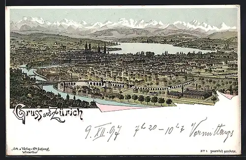 Lithographie Zürich, Gesamtansicht aus der Vogelschau