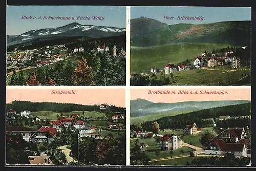 AK Ober-Brückenberg, Teilansicht, Blick a. d. Schneekoppe und Kirche Wang, Brotbaude