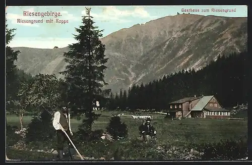 AK Riesengrund, Gasthaus mit Blick zur Schneekoppe