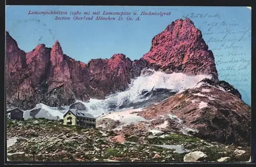 AK Lamsenjochhütte, Berghütte mit glühender Lamsenspitze und Hochnisslgrat