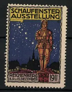 Reklamemarke Reichenberg, Schaufenster-Ausstellung 1911, Stadtansicht, Standbild eines Ritters