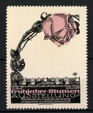 Künstler-Reklamemarke Otto Ottler, München, Frühjahrs-Blumen-Ausstellung 1914, Rose ragt über die Stadt