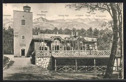 AK Schutzhaus am Hohen Lindkogel, Motiv mit Sonnenwendstein und Gr. Gaisstein