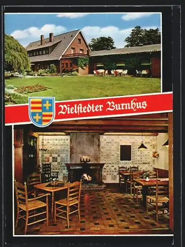 AK Vielstedt, Strackerjan's Gasthof & Bauernhaus Onkel Ernst, Aussen- und Innenansicht, Wappen