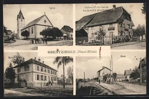 AK Grentzingen, Gare, Église, Mairie et Ecole, Epicerie Schmitt / Bahnhof, Rathaus und Schule