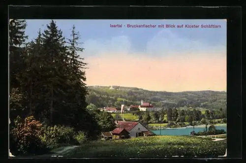 AK Egling / Isartal, Gasthaus Brückenfischer mit Kloster Schäftlarn