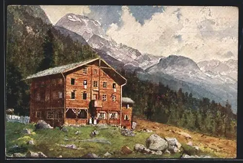 Künstler-AK Dominikus-Hütte, Berghütte im Zamsergrund