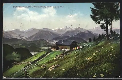 AK Unterkunftshütte Vorderkaiserfelden, Berghütte mit Panorama