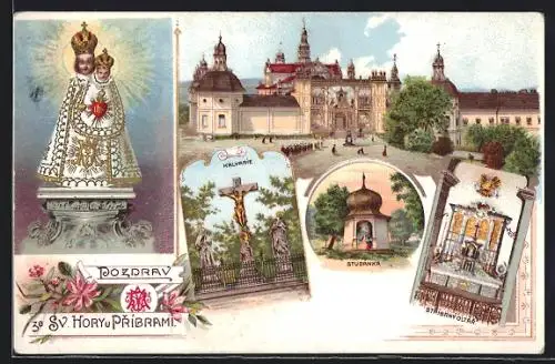 Lithographie Pribram, Kalvarie, Marienaltar, Der Brunnen