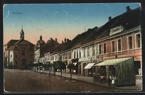 AK Beneschau / Benesov, Ortspartie mit Hotel