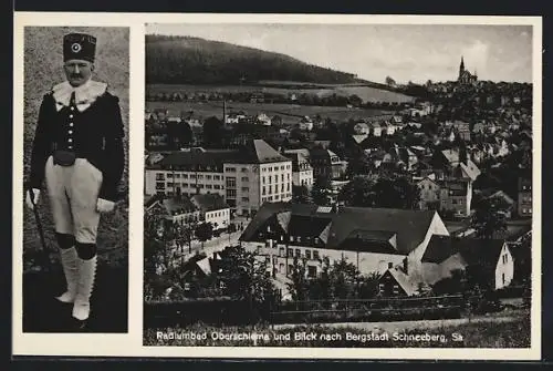 AK Oberschlema, Teilansicht mit Blick nach Bergstadt Schneeberg, Bergmann in Tracht