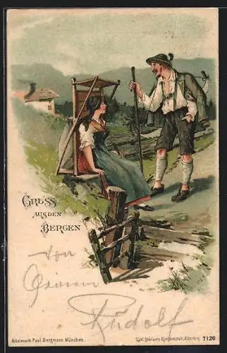 Lithographie Partie mit Holzfäller und Frau in den Bergen, Tracht, Bergsteigen
