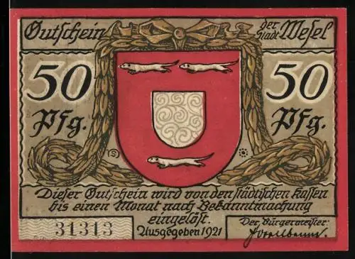 Notgeld Wesel 1921, 50 Pfennig, Zitadelltor mit Schill-Kasematte