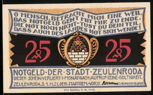 Notgeld Zeulenroda 1921, 25 Pfennig, Viadukt in der Landschaft