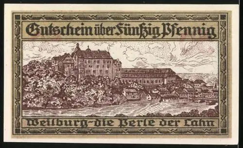 Notgeld Weilburg a. d. Lahn 1920, 50 Pfennig, Ortschaftspanorama am Fluss