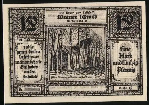 Notgeld Weener /Ems 1922, 1,50 Mark, Altes Steinhaus zu Bunderhee