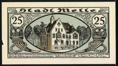 Notgeld Melle 1920, 25 Pfennig, Rathaus und Bauer mit Kartoffeln